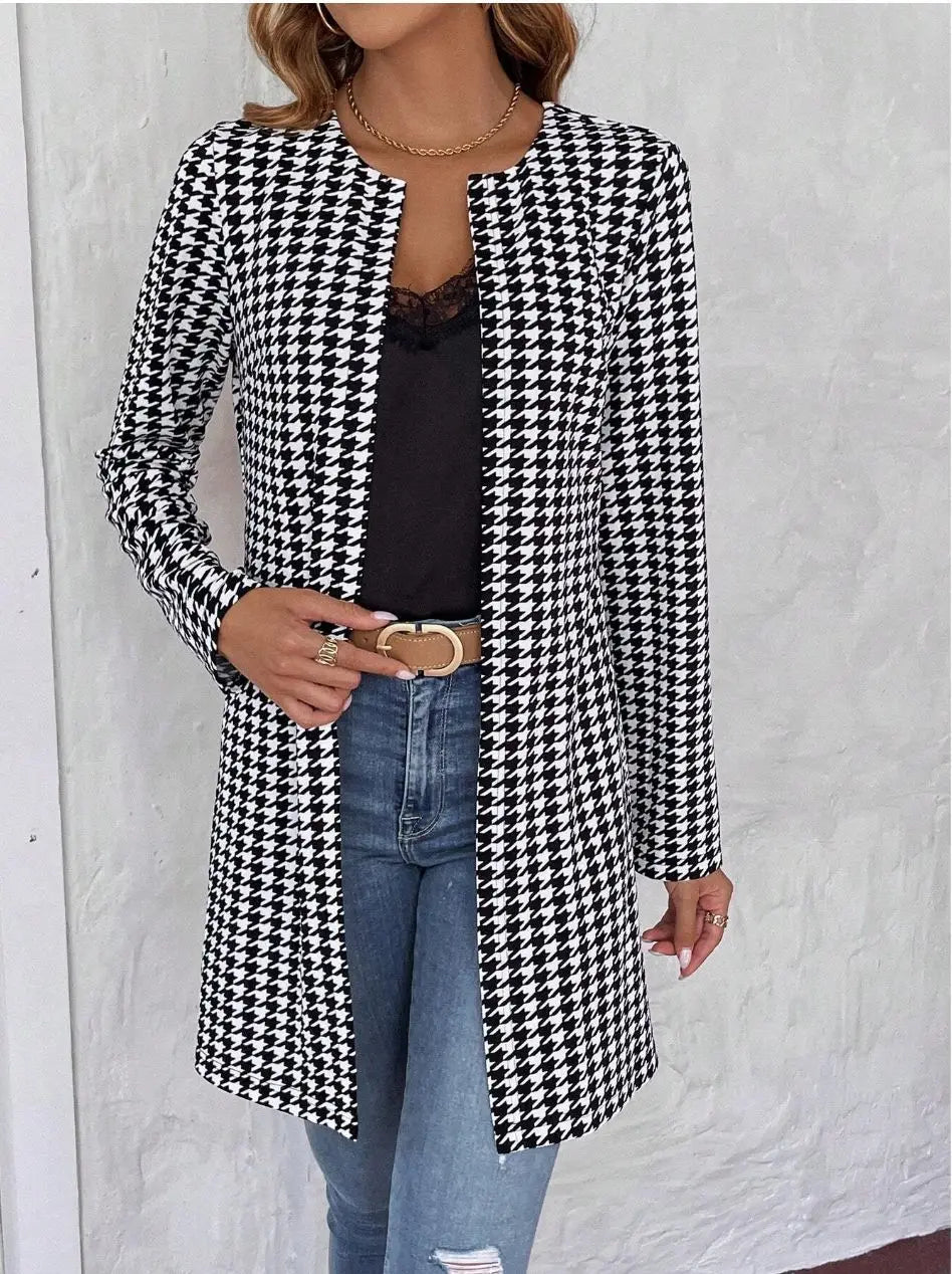 Women’s Clothing Houndstooth Long Coat