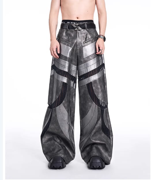 Patchwork Hollow-out Knitmesh PU Autumn And Winter Heavy Casual Pants