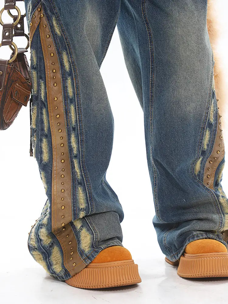 Retro Washed Heavy Niche Deconstructed Leather Patchwork Jeans