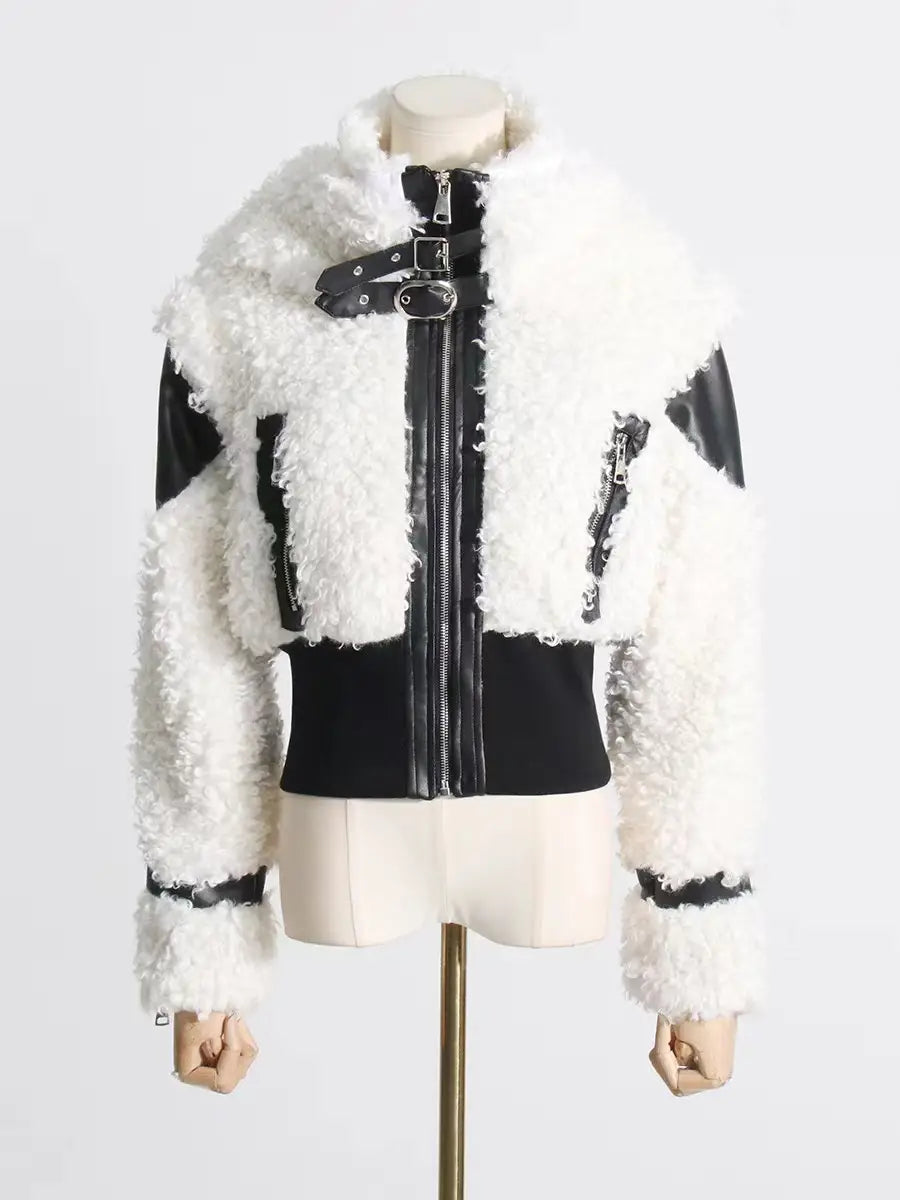 Women’s Lamb Wool Stitching PU Leather Zipper Jacket