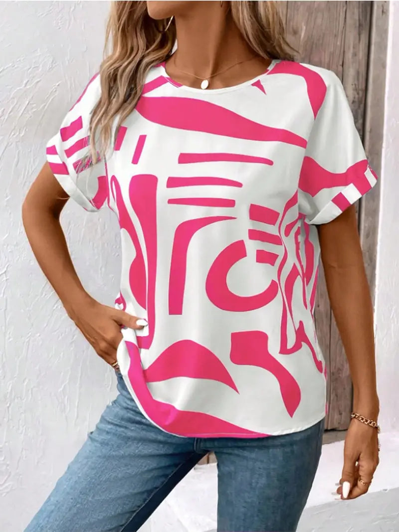 Batwing Sleeve Round Neck Geometric Printed Shirt For Women