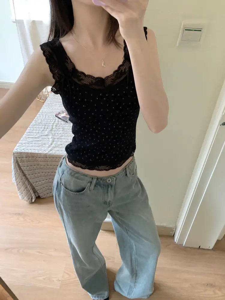 Sweet And Spicy Lace Stitching Floral Slim-fitting Suspenders Vest