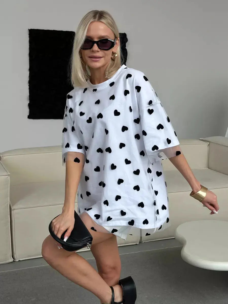 European And American Style Women’s Love Mesh Stitching Loose Basic Style Round Neck Short Sleeve T-shirt