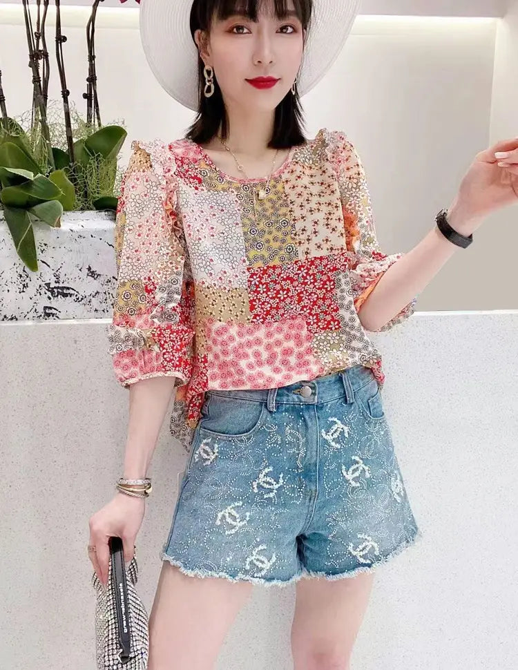 Summer New Pleated Loose Floral Blouse Top