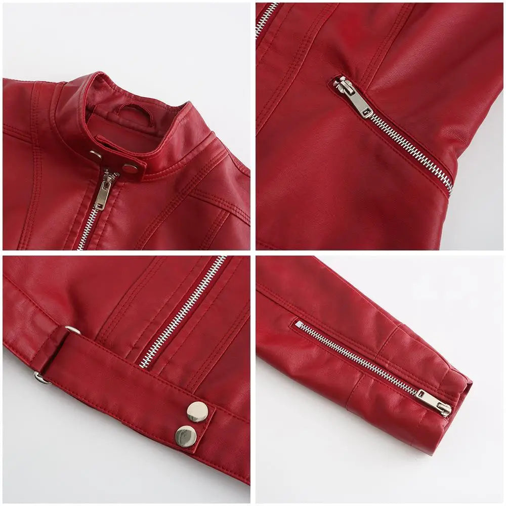 Women’s Short Leather Jacket Stand Collar Jacket Thin