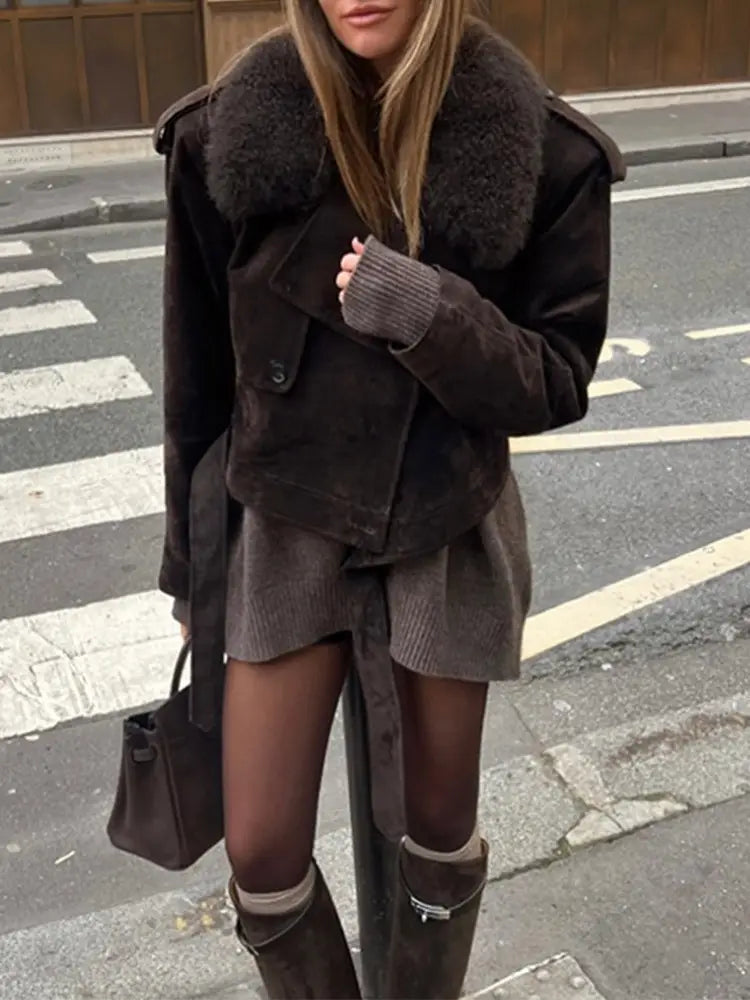 Lapel Suede Long Sleeve Loose And Warm Comfortable Motorcycle Jacket
