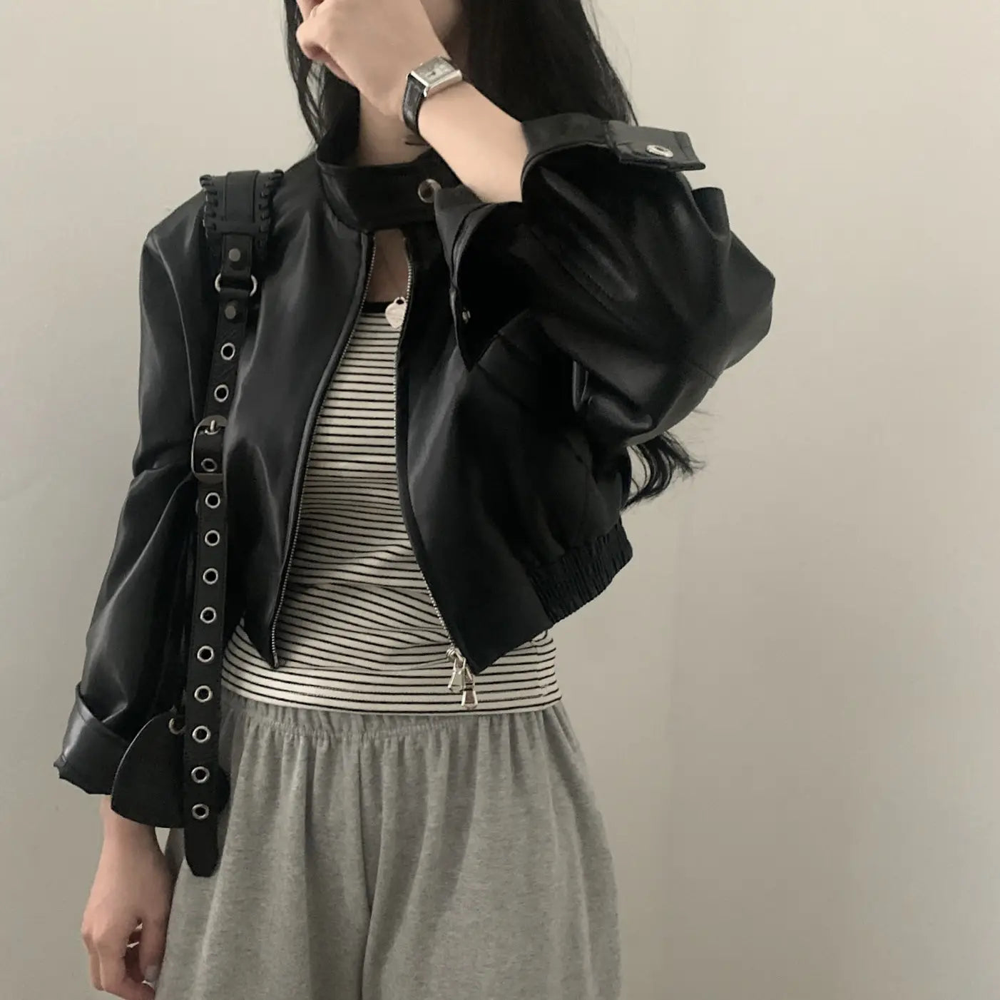 French Style Retro Design Zipped Stand Collar Elastic And Waisted Short Biker’s Leather Jacket Women