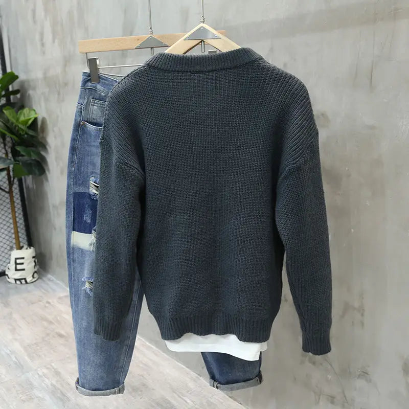 American Style Retro Pullover Men Fashion Brands Loose Pockets All-match Casual Sweater