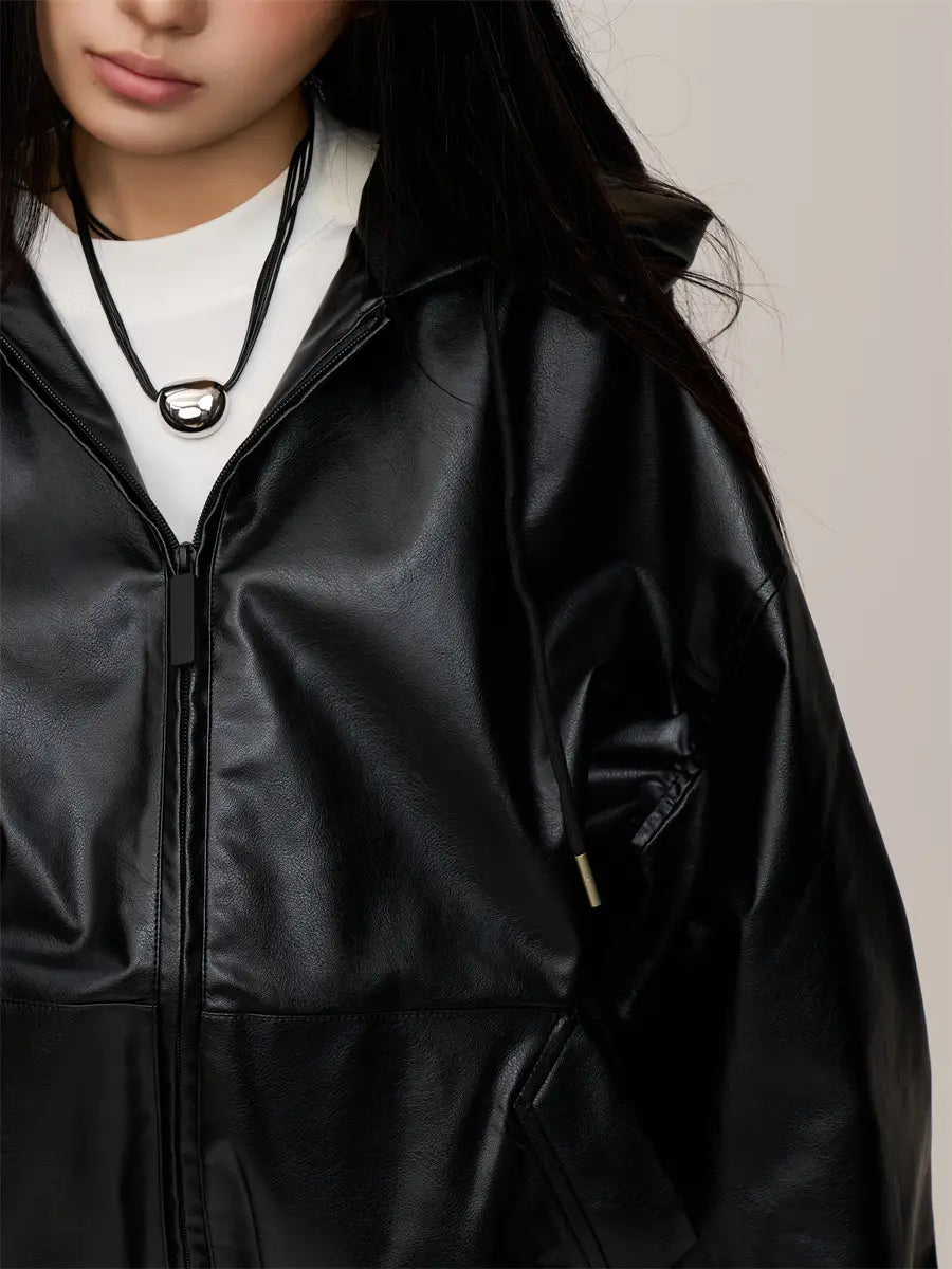 Women’s Black Hooded Leather Coat