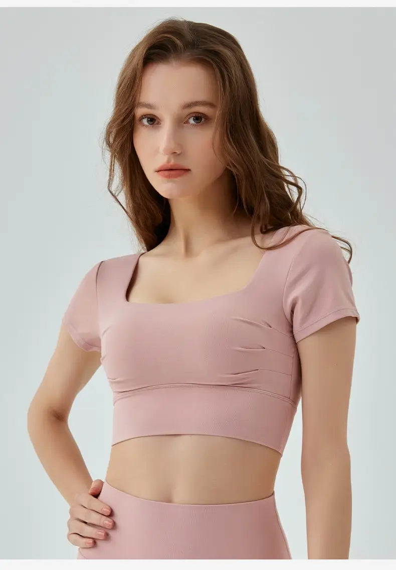 Hollow-out Beauty Back Yoga Short Sleeve Women’s Removable Chest Pad Workout Top
