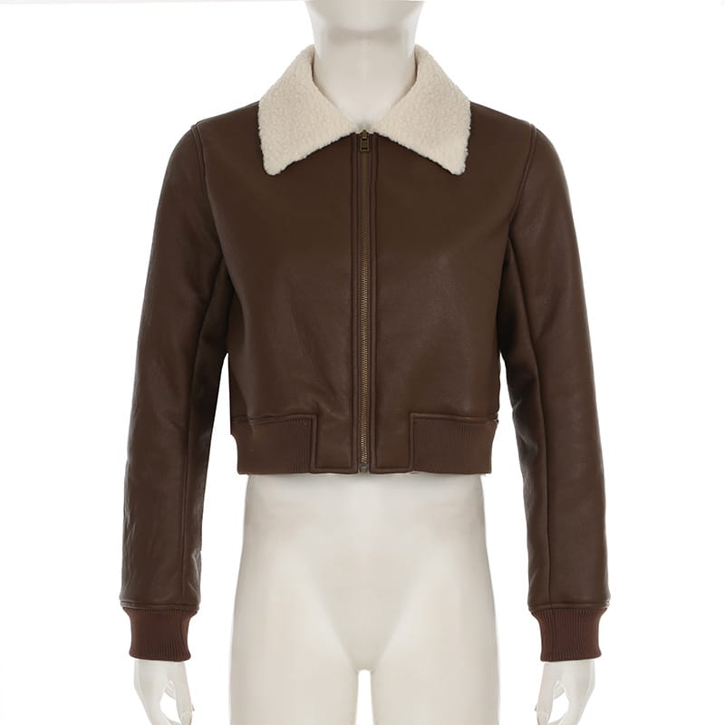 Solid Color Faux Leather Knitted Fur Lapel Zipper Basic Style Street Fashion