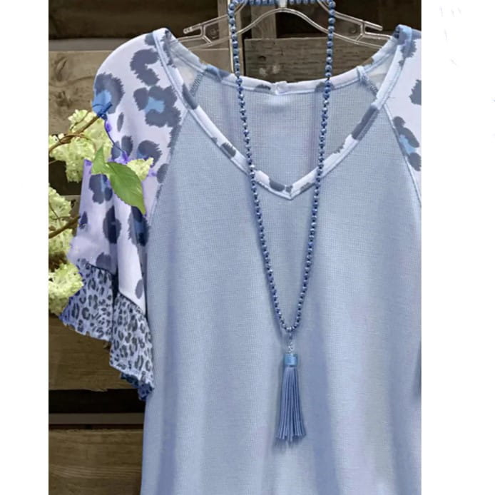 Waffle V-neck Leopard Print Stitching Casual Half Sleeve T-shirt Top