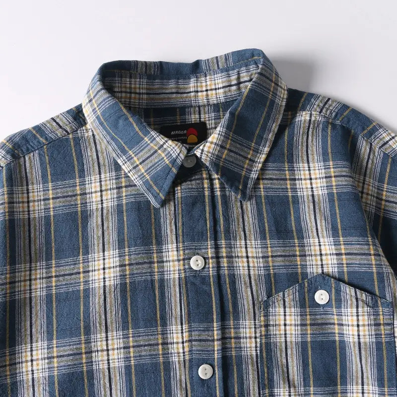 Summer New Japanese-style Retro Washed Yarn-dyed Plaid Short-sleeved Shirt