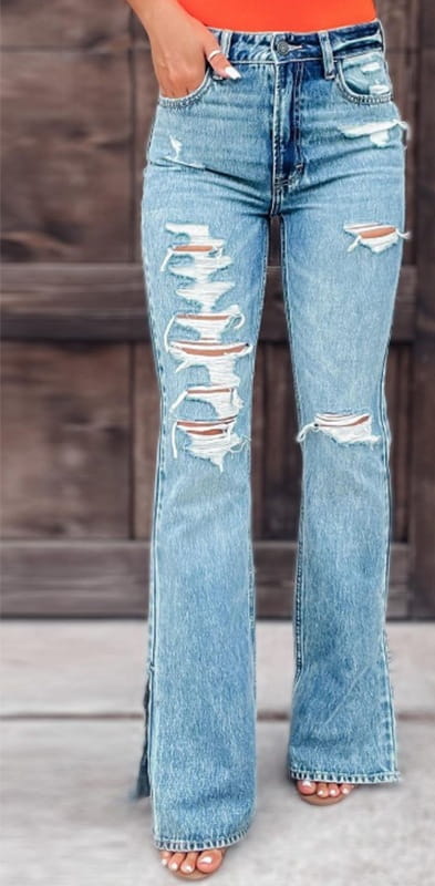 Ladies Jeans High Waist Ripped Slightly Stretch Split Trousers