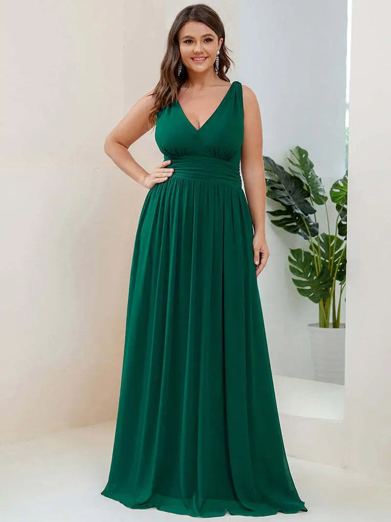 Deep V-neck Bridesmaid Plus Size High Waist Evening Dress