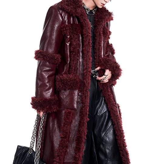 Autumn And Winter Stitching Thermal Long Leather Wind Coat