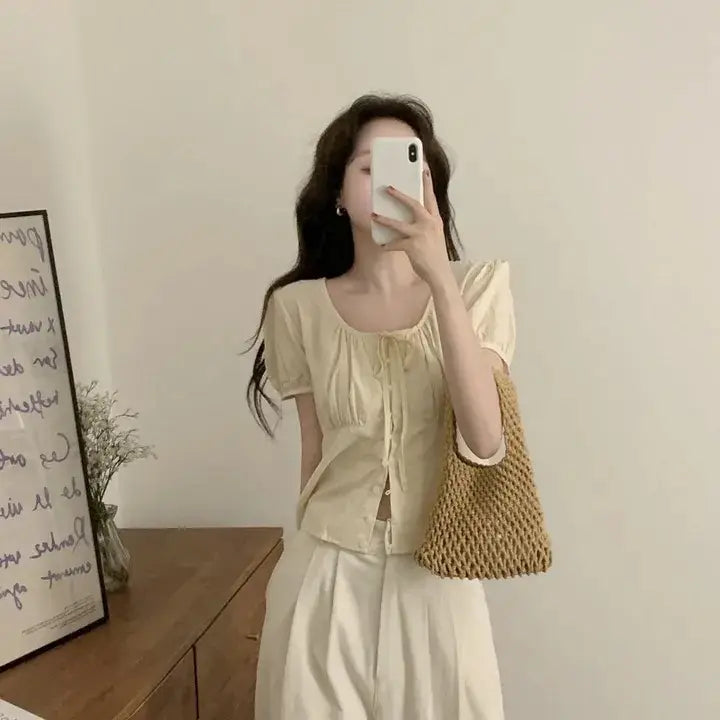 Single-breasted Lace Up Short Shirt French Small Top