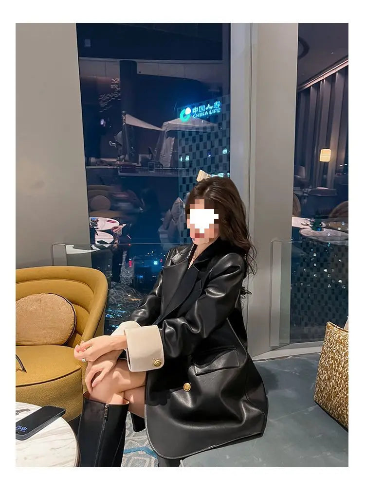 High Sense Black PU Leather Coat Women