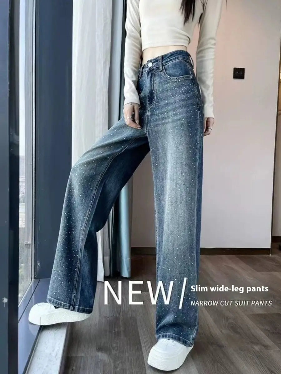 Korean Style Rhinestone High Waist Narrow Wide Leg Jeans
