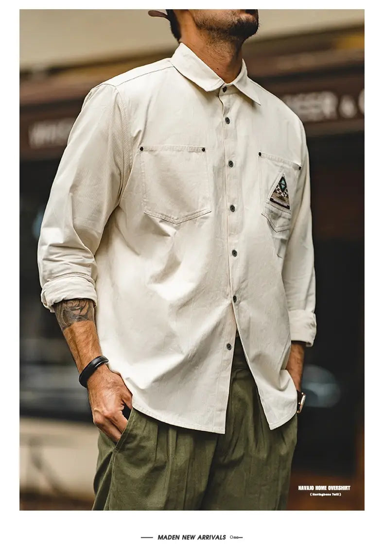 Men’s Retro Indian Totem Creamy-white Long-sleeved Shirt