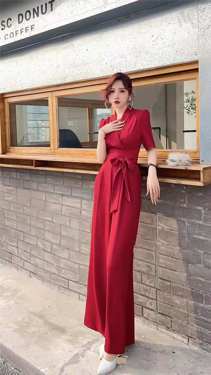 Elegant Temperament Pure Color High Waist Slimming Lace-up Wide Leg Jumpsuit