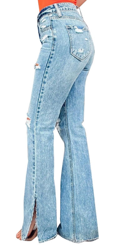 Ladies Jeans High Waist Ripped Slightly Stretch Split Trousers