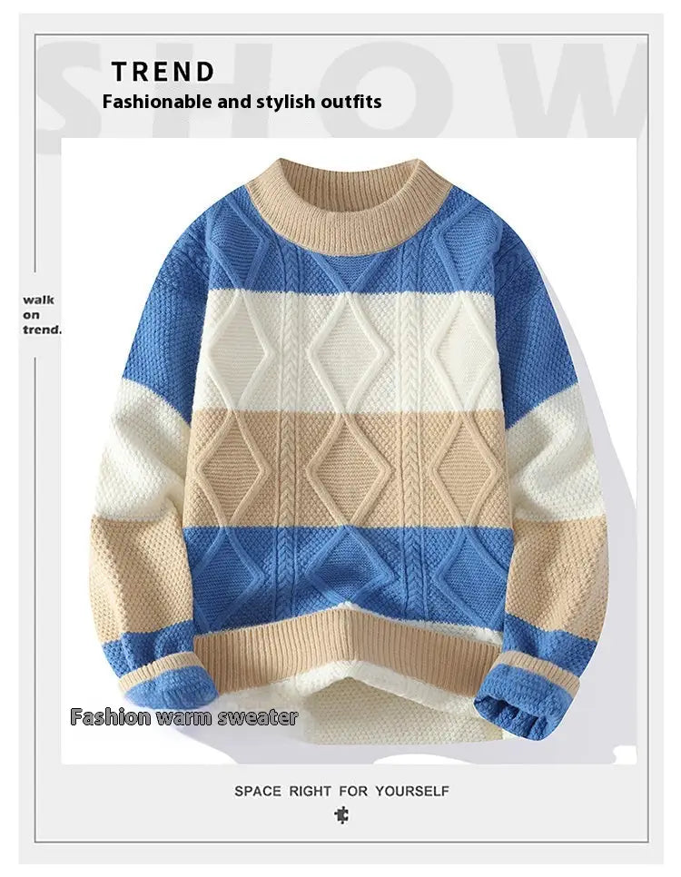 Men’s Casual Round Neck Sweater Contrast Color Knitwear Top