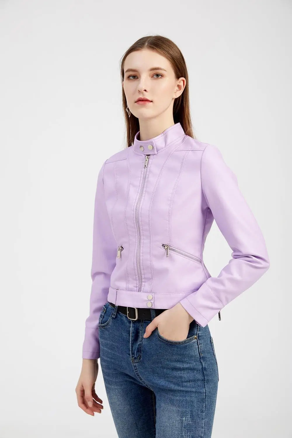 Women’s Short Leather Jacket Stand Collar Jacket Thin
