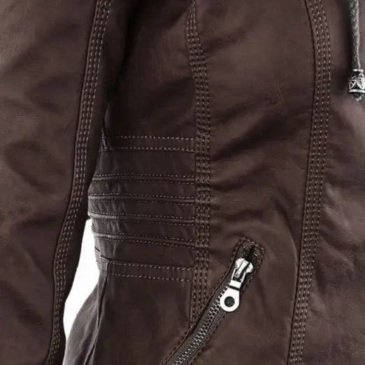 Women’s Detachable Lapel Long Sleeve Solid Color Zipper Leather Jacket Coat
