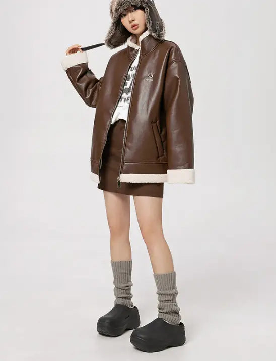 Lambswool PU Leather Thickened Warm Cotton Jacket