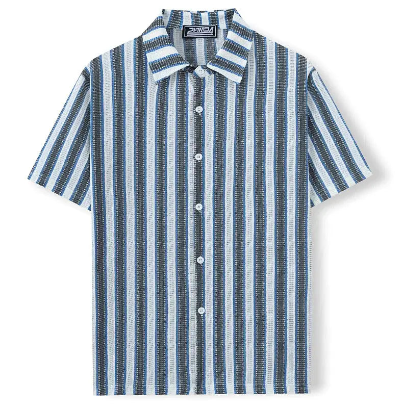 Men’s Beach Casual Yarn-dyed Striped Short-sleeved Lapel Shirt A0407