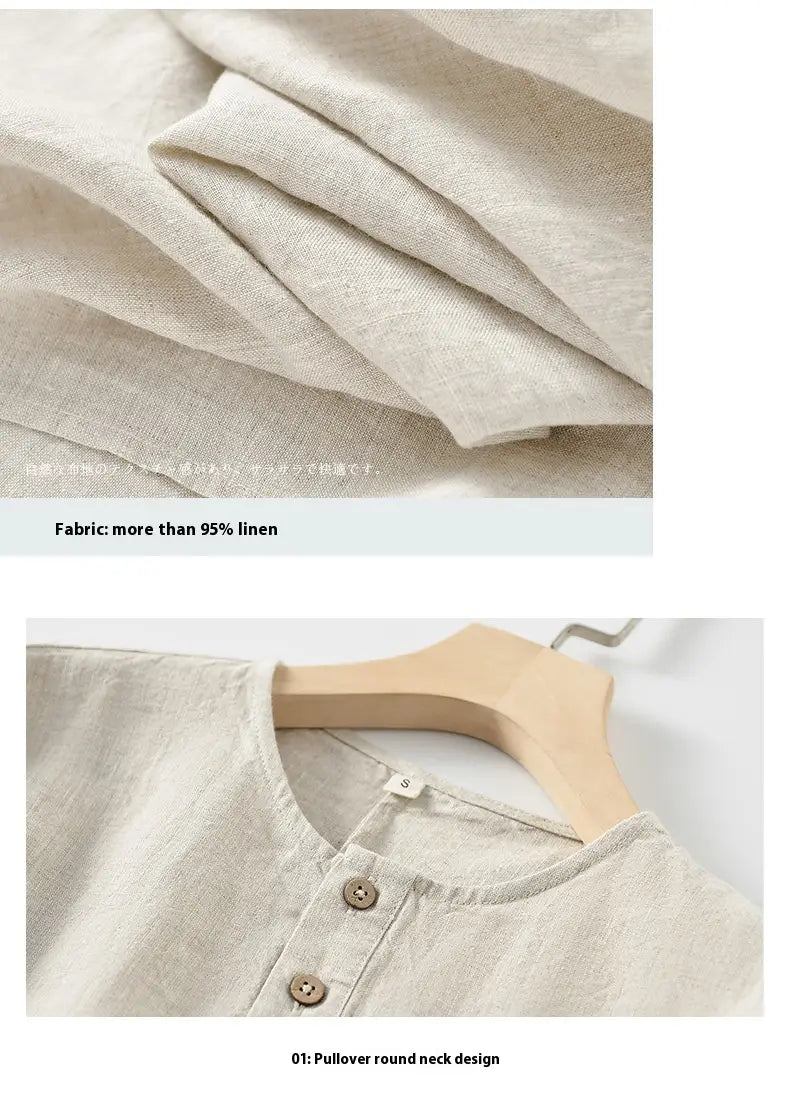 Casual Linen Men’s Simple Round Neck 34 Sleeves Linen T-shirt Loose Breathable Top