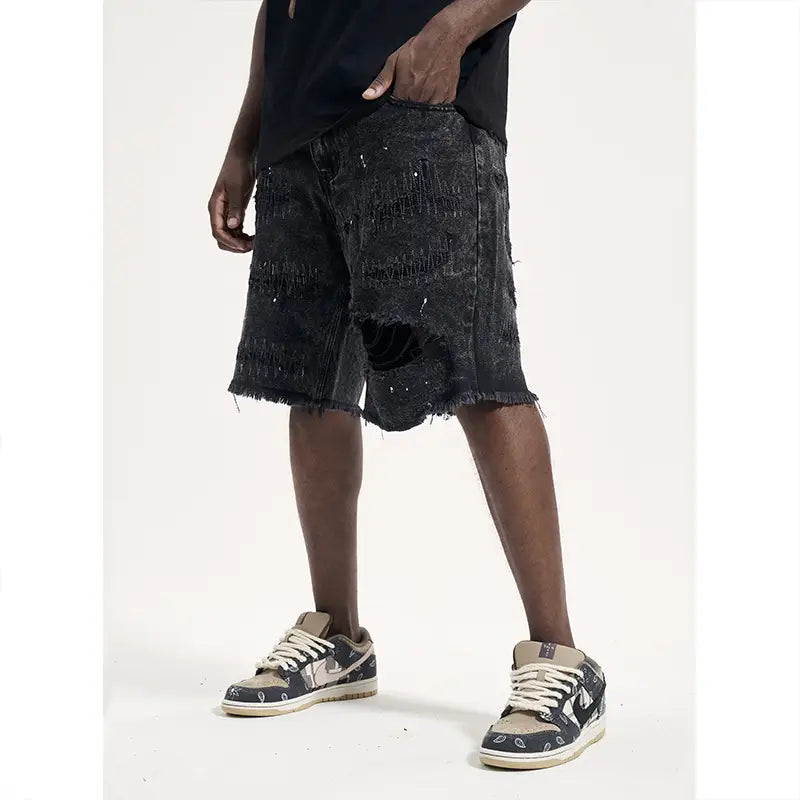 High Street Patch Ripped Washed Distressed Men’s Denim Shorts