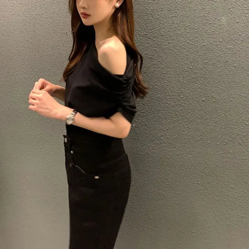 Irregular Shoulder Design Loose Solid Color Pullover Short Sleeve T-shirt