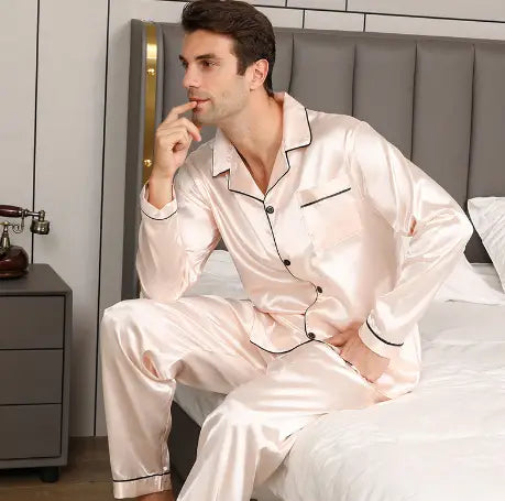 Ice Silk Men’s Long Sleeve Loose Plus Size Pajamas Suit