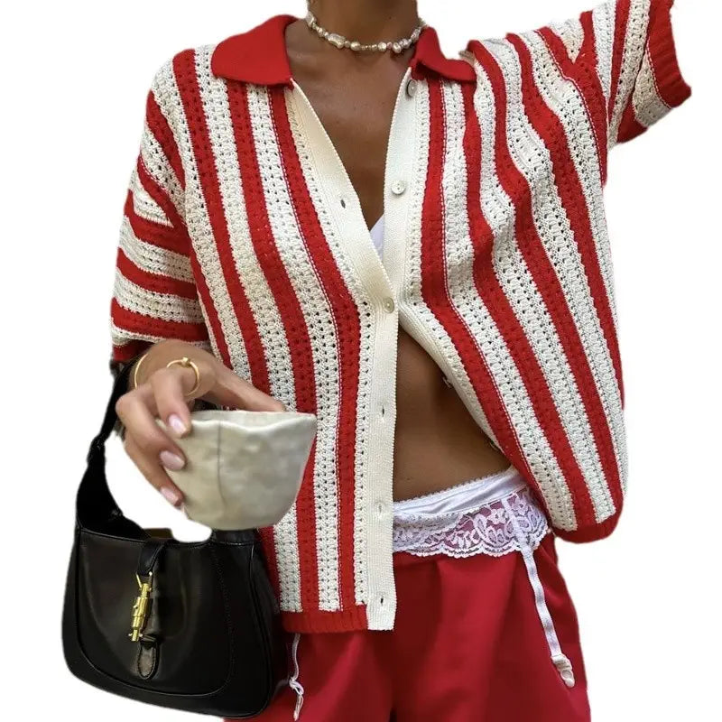 Women’s Knitted Sweater Shirt Contrast Color Design Sense