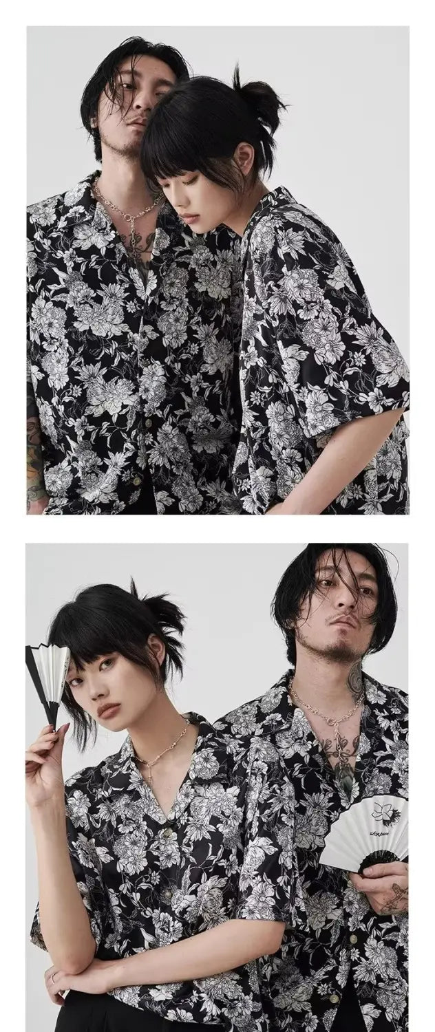 Hawaiian Black And White Camellia Summer New Short Sleeve Shirt
