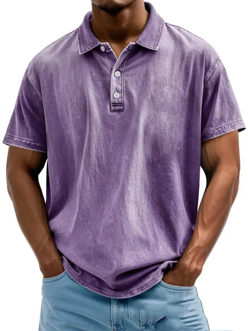 Men’s Fashion Retro Washed Distressed Cotton Lapel Short Sleeve