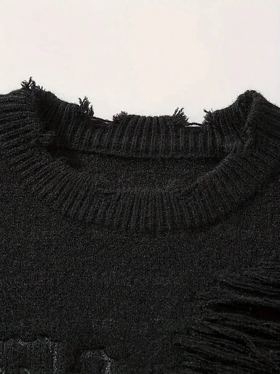 American New Dark Letter Jacquard Ripped Long Sleeves Warm Sweater