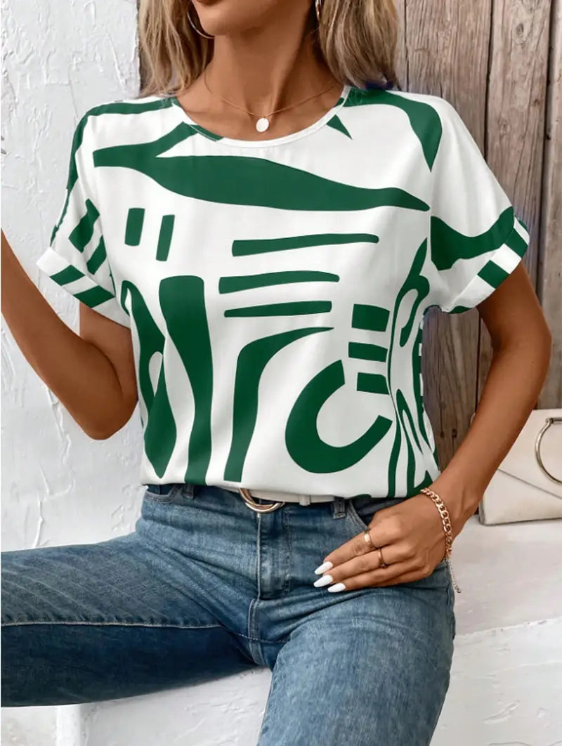 Batwing Sleeve Round Neck Geometric Printed Shirt For Women
