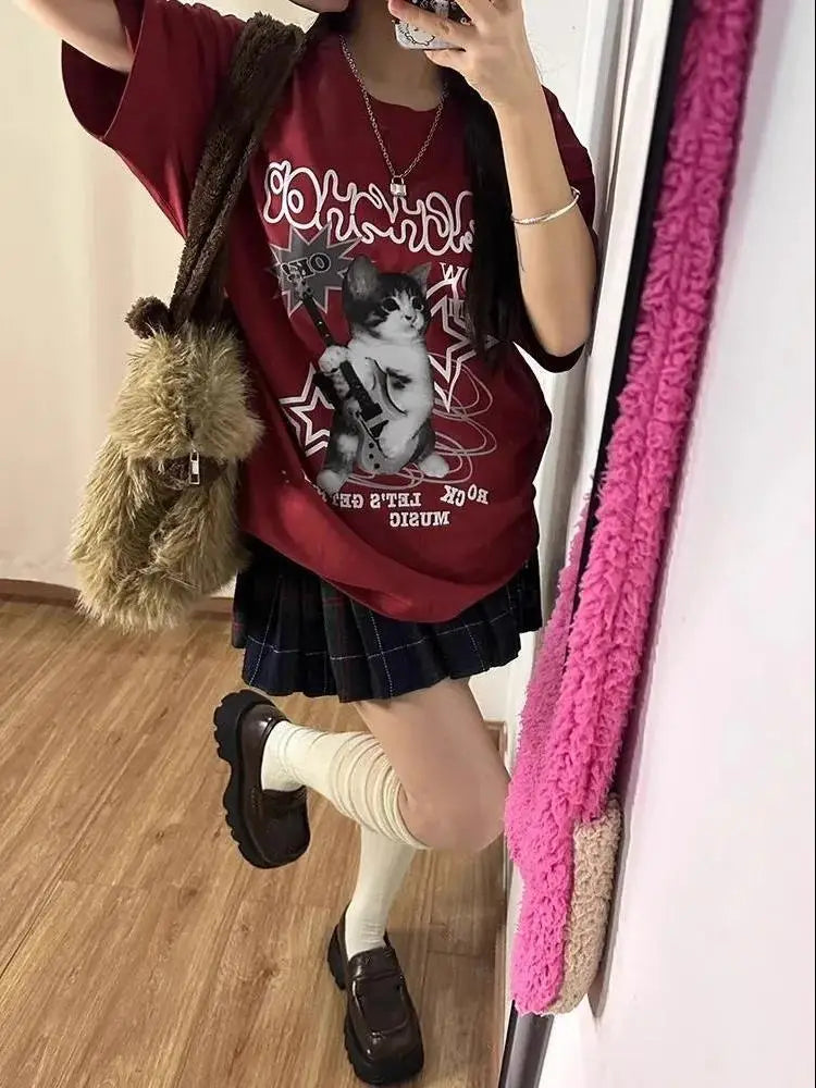 Pure Cotton Japanese Style Alphabet Wine Red Short Sleeve