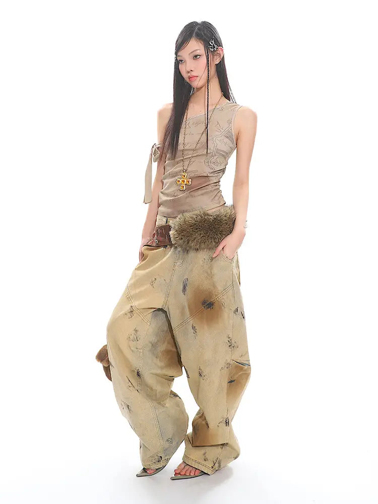 Washed Old Blooming Retro Machete Profile Loose Jeans