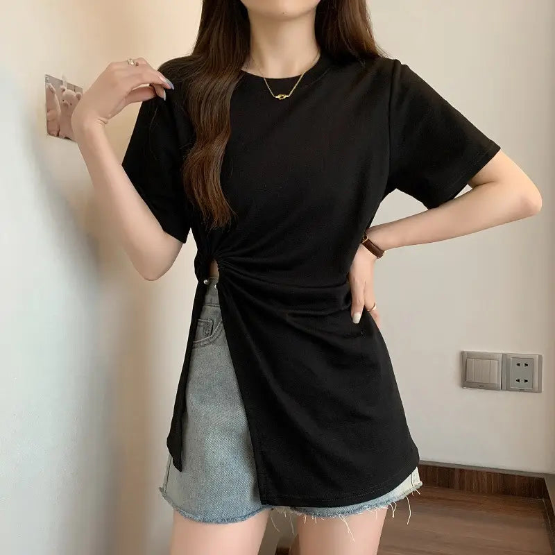 Cotton Irregular Split Short-sleeved T-shirt Women’s Summer