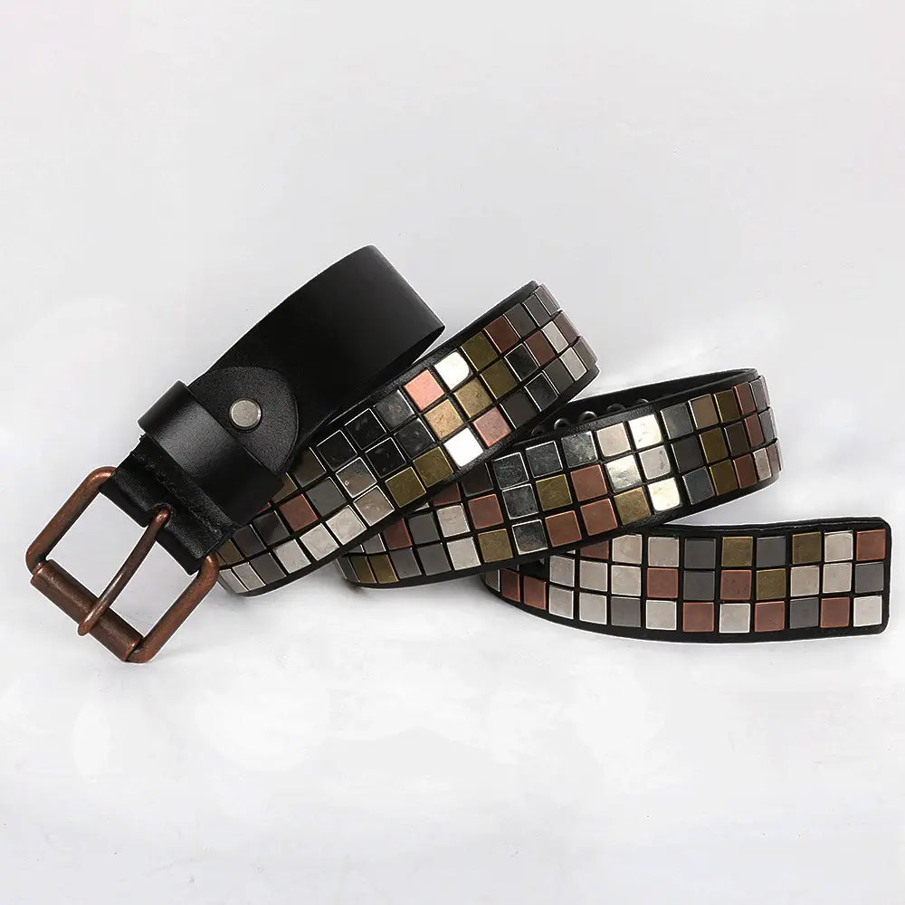 Hairdresser’s Top Layer Leather Flat Studded Belt With Square Patch