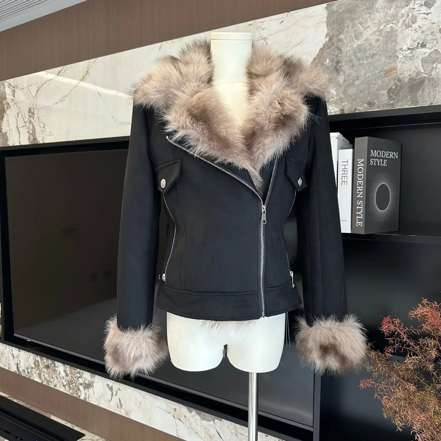 Winter Black Fur Motorcycle Warm Jacket
