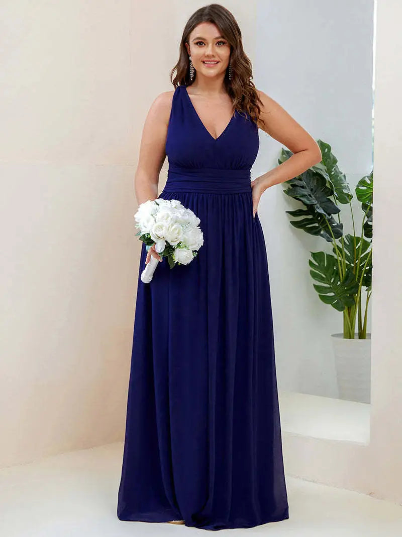 Deep V-neck Bridesmaid Plus Size High Waist Evening Dress