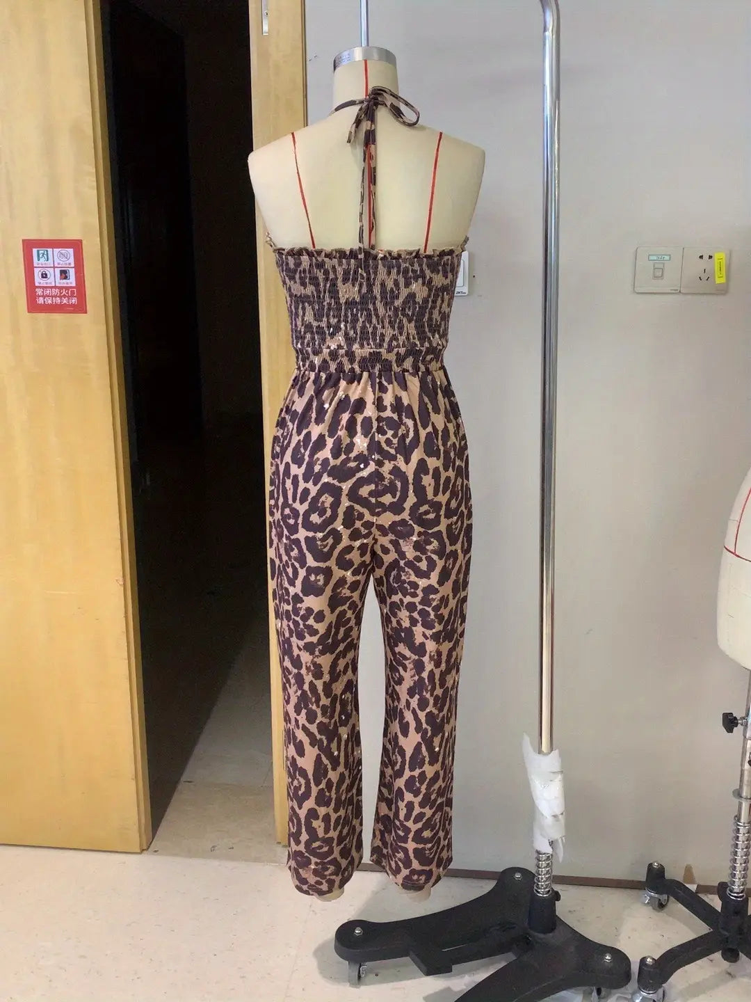 Women’s Leopard Print Halter Backless Jumpsuit
