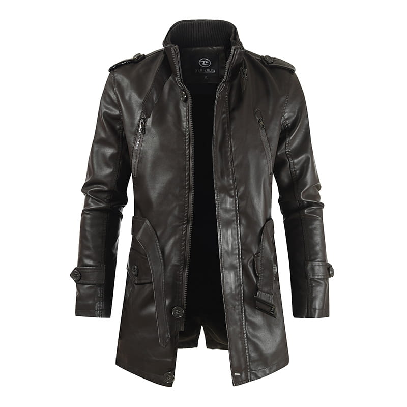 Men’s Mid-length Leather Coat Stand Collar Fleece-lined Thickened