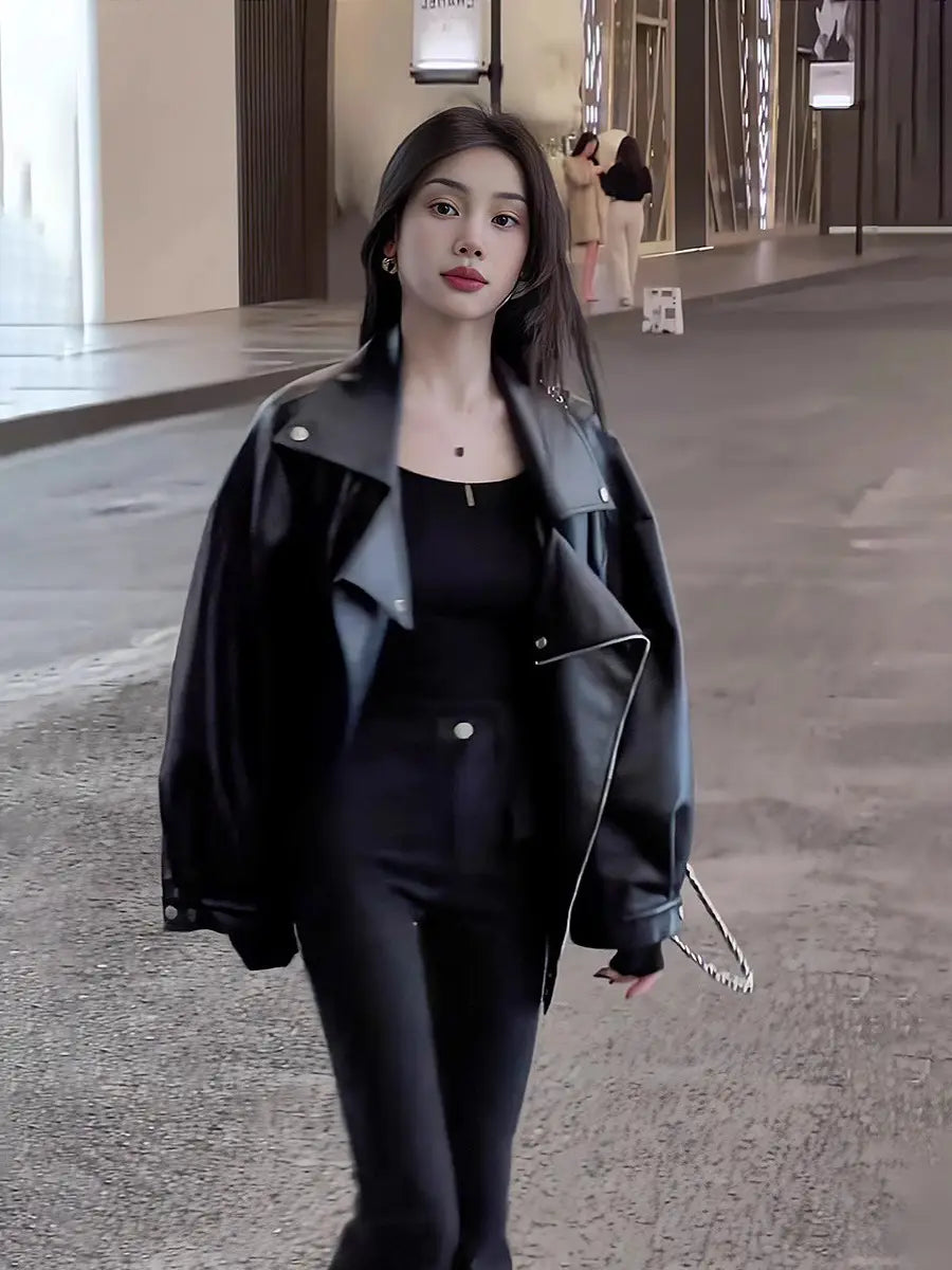 Casual Loose Small Plus Size Black Leather Coat