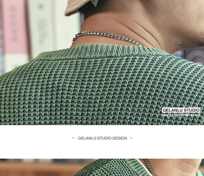 Pineapple Pattern Waffle Thick Needle Washed Round Neck Sweater